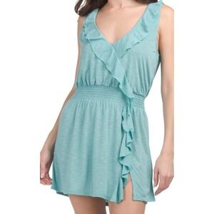 Becca Ruffle Sleeveless Cover-up Dress Smocked Waist Aqua Blue Size L NWT